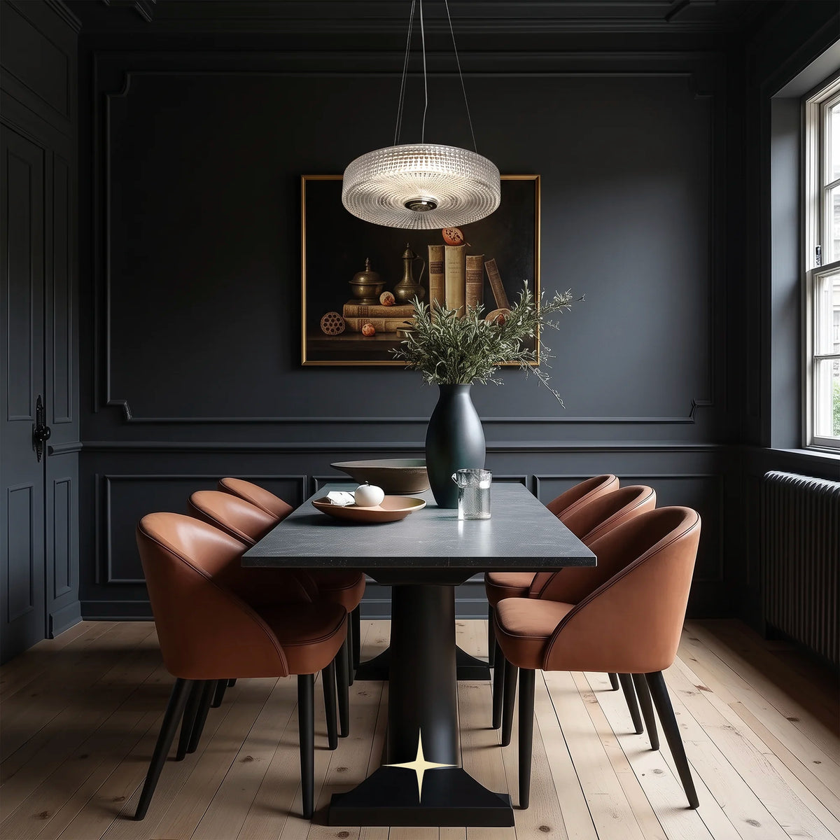 Elegant Cleo large glass pendant light suspended above a luxury dining table set in a dark room design
