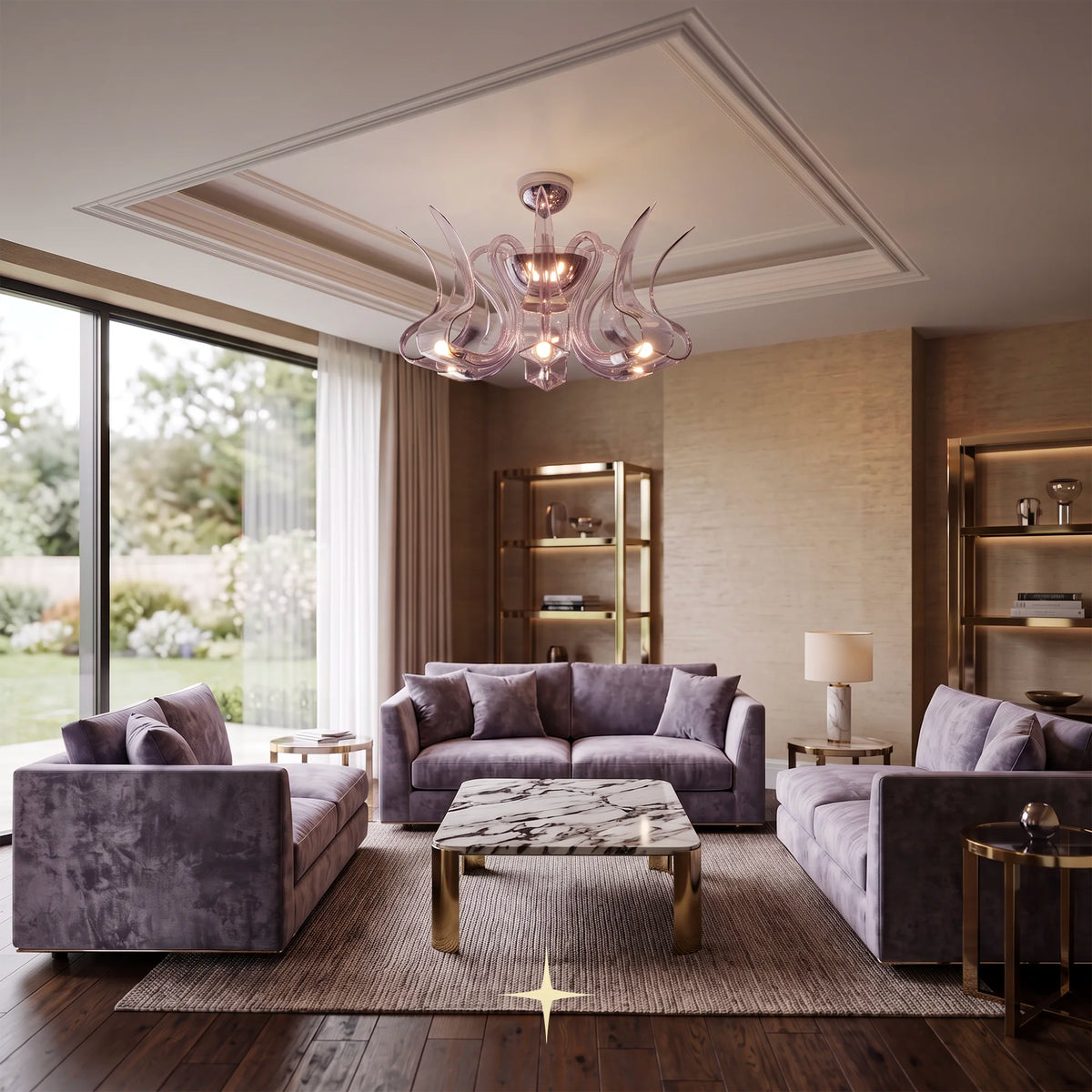 Elegant Desperado Chandelier featuring elongated purple bohemian crystal arms in multi-tier configurations