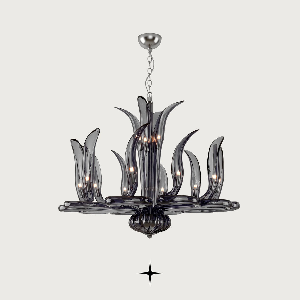 Elegant Dream Chandelier featuring sweeping smoky crystal glass loop arms in a dramatic circular arrangement