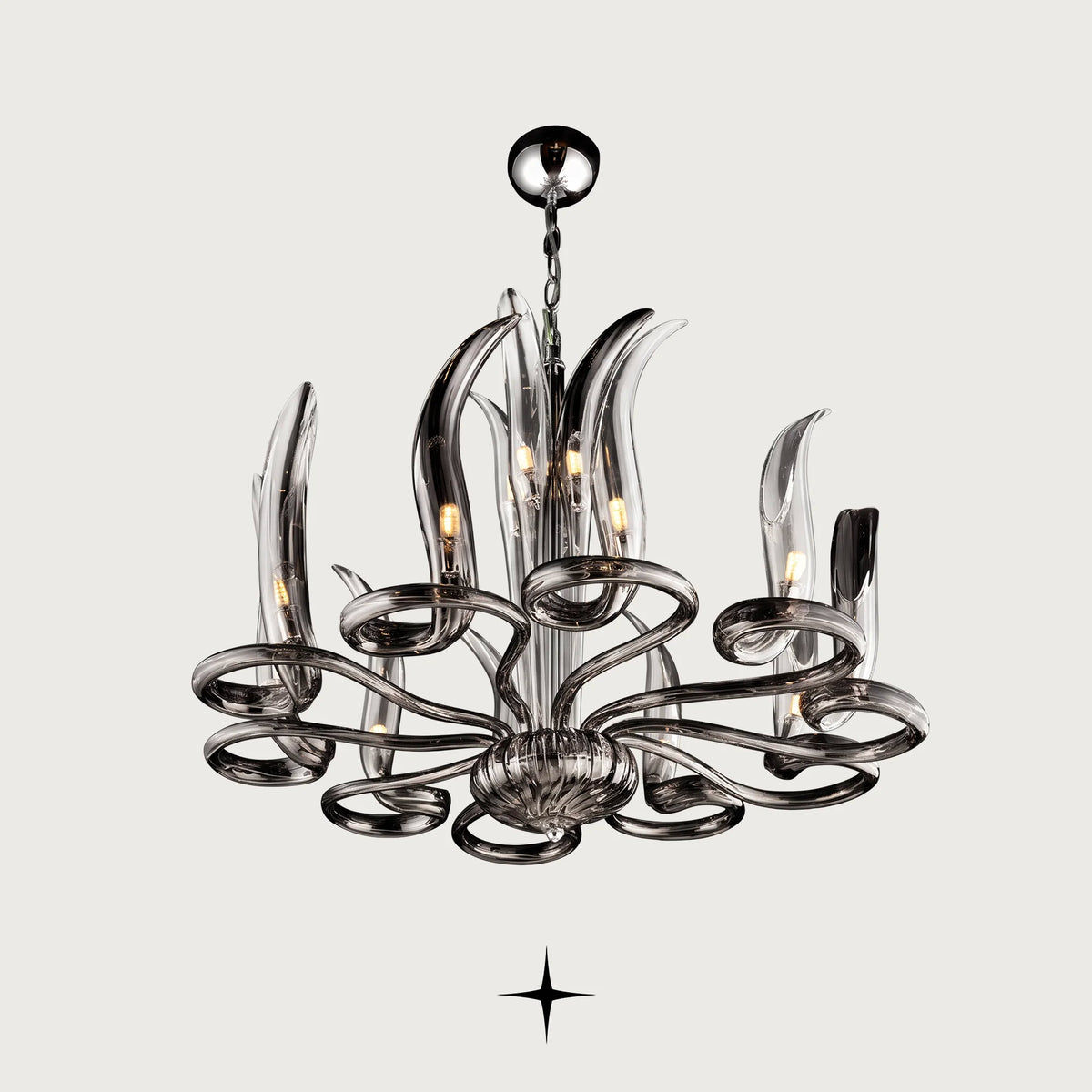 Elegant Dream Chandelier featuring sweeping smoky crystal glass loop arms in a dramatic circular arrangement
