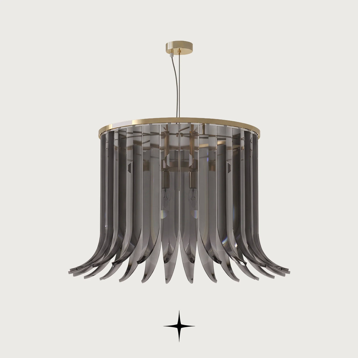 Elegant Elan Chandelier featuring chic dress-like clear crystal wings with golden accents in circular and oval variations