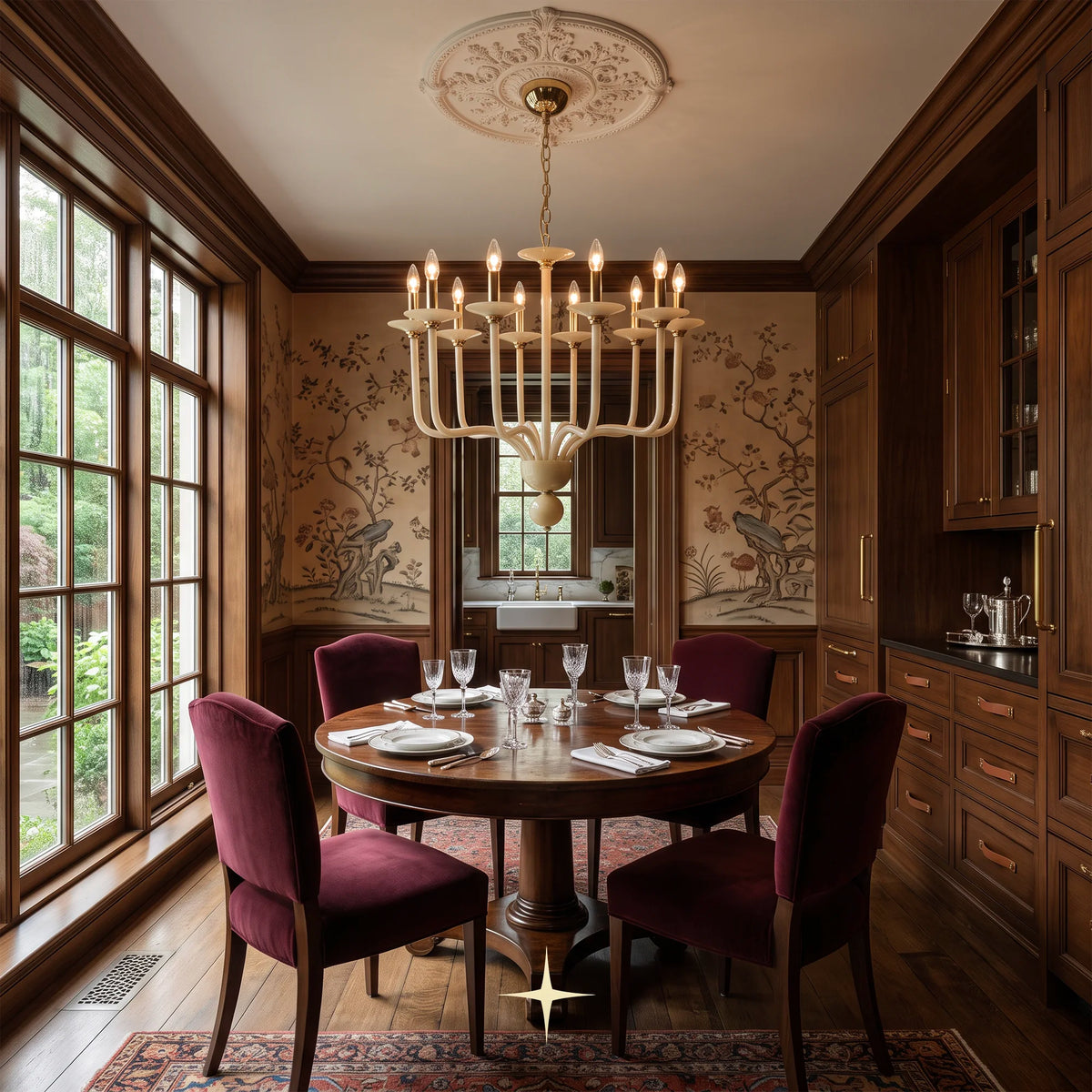 Elegant Harmony Chandelier featuring sweeping cream-white glass arms with candle-style lights and brass accents