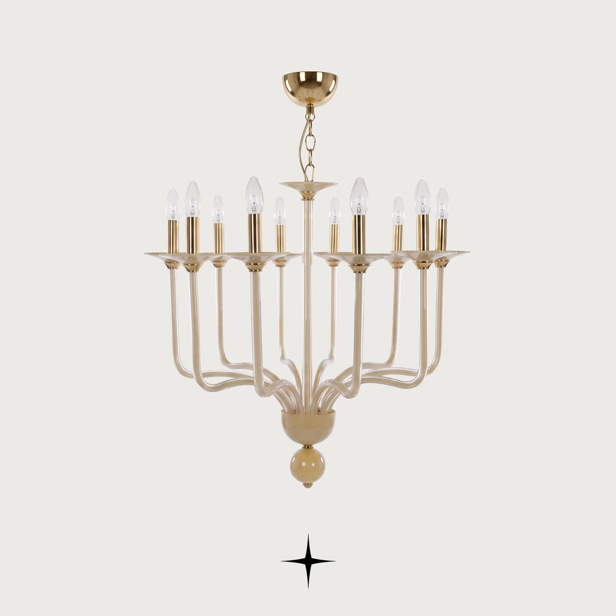 Elegant Harmony Chandelier featuring sweeping cream-white glass arms with candle-style lights and brass accents