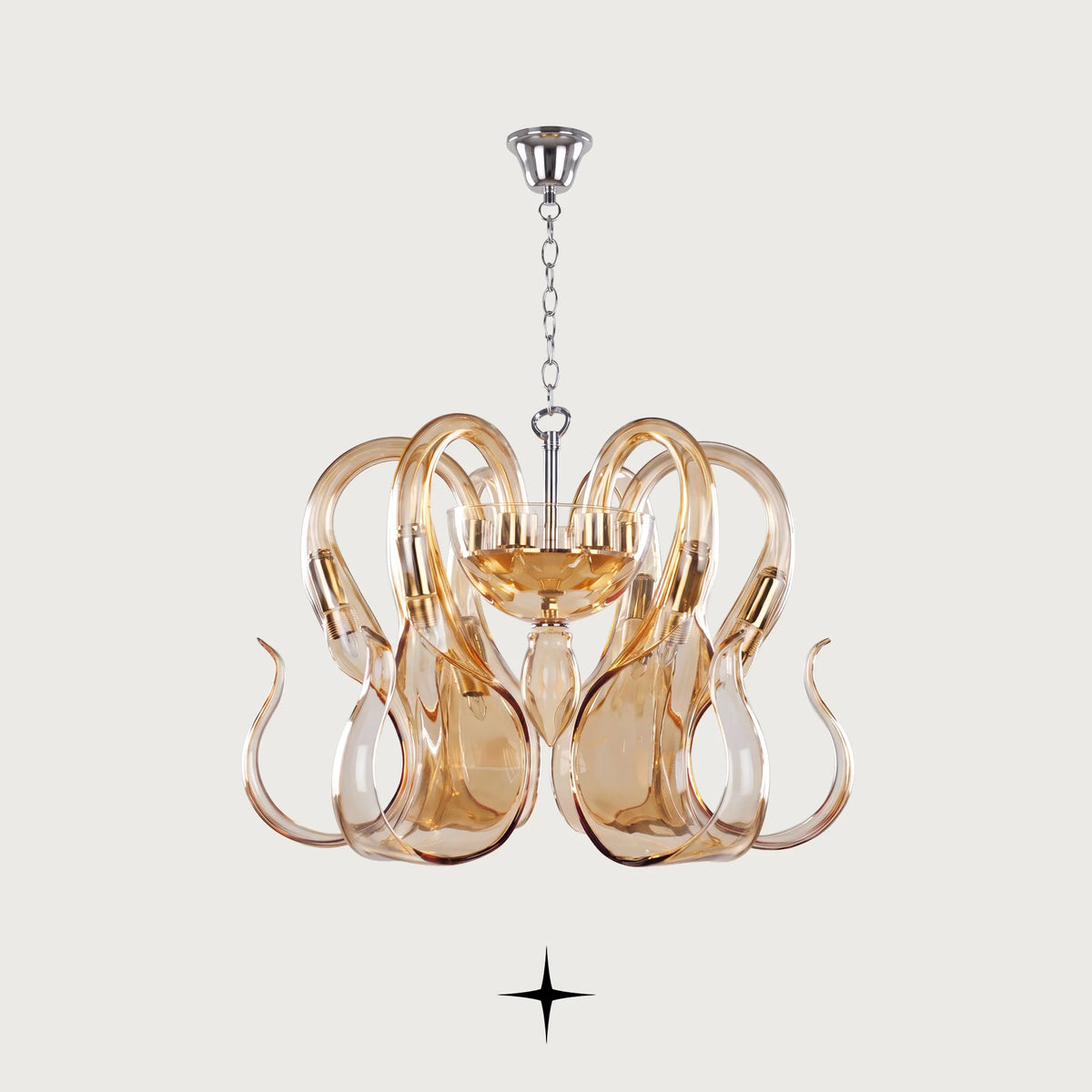 Elegant Eliana Chandelier featuring graceful elongated crystal arms in warm amber with 5-arm and 6-arm options