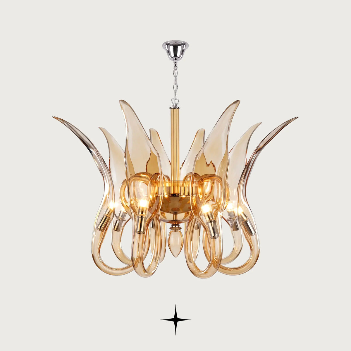 Elegant Juliana Chandelier featuring curvaceous bohemian crystal arms in 5-arm, 6-arm, and 8-arm options