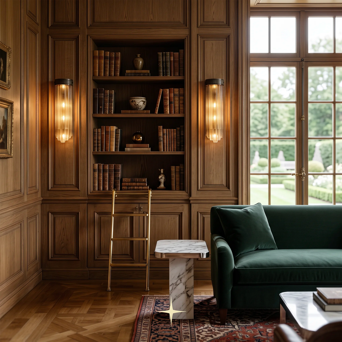 A styled interior scene with dark wood paneling, built-in bookshelves, two glowing wall sconces, a green velvet sofa, a marble-topped side table, and a window looking out onto a garden.