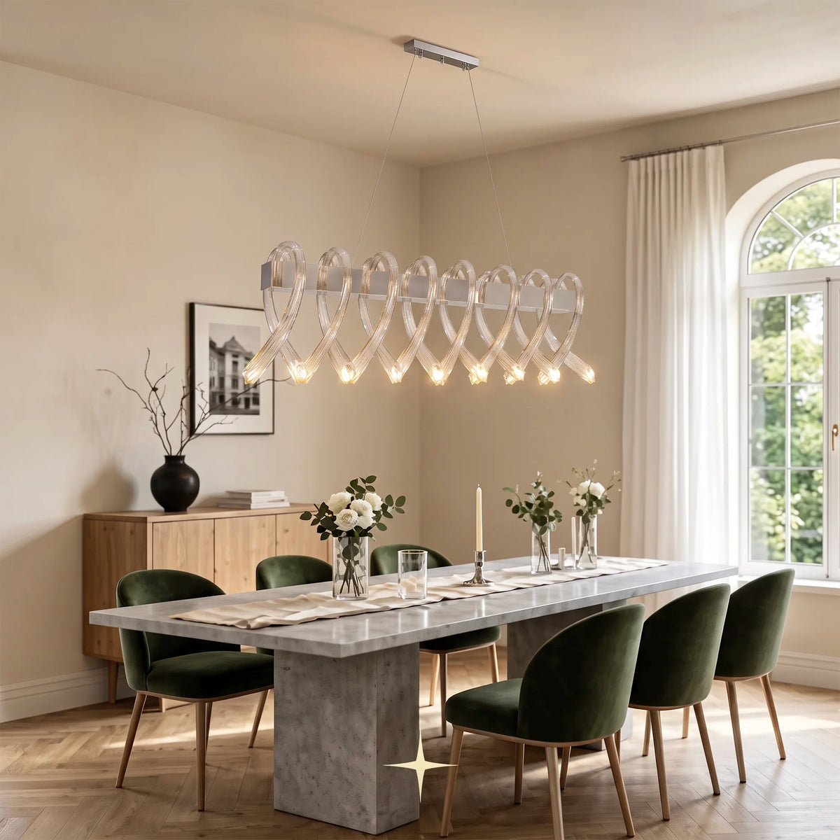 Elegant Linear Twist chandelier featuring post-modern twisted design and sophisticated illumination