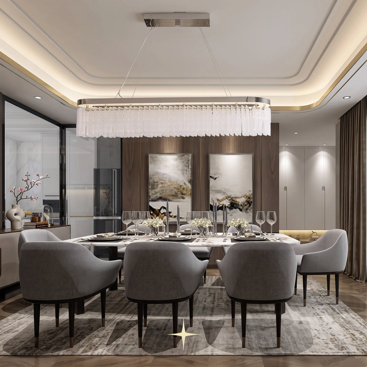 Elegant Linear Waterfall glass chandelier suspended over a modern luxury dining table set