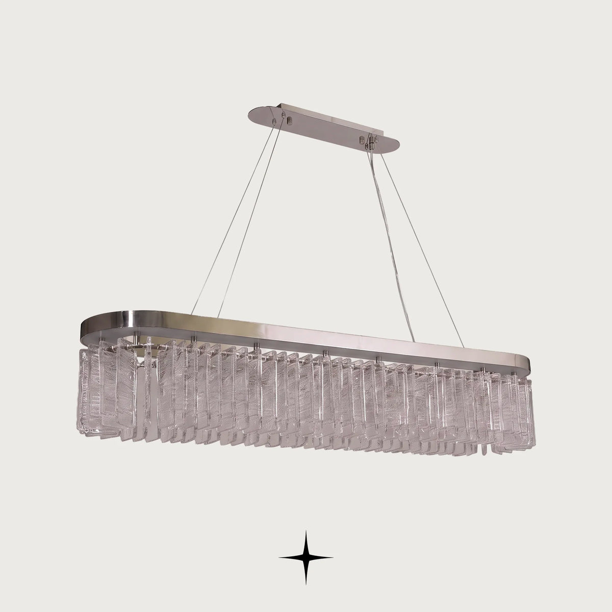Elegant Linear Waterfall Murano glass island chandelier with brass frame on dark background