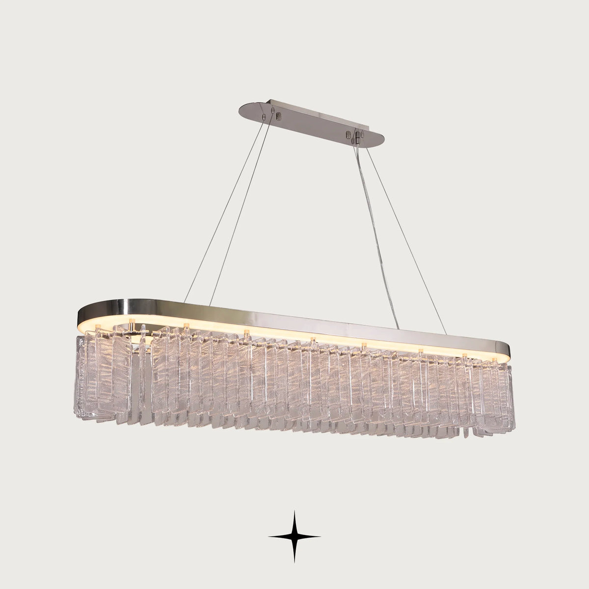 Elegant Linear Waterfall Murano glass island chandelier with brass frame on dark background