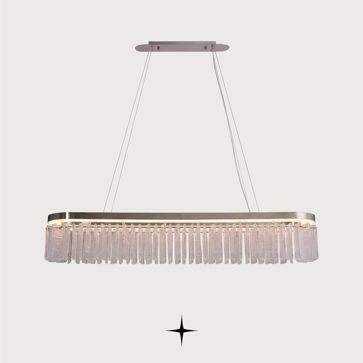 Elegant Linear Waterfall Murano glass island chandelier with brass frame on dark background