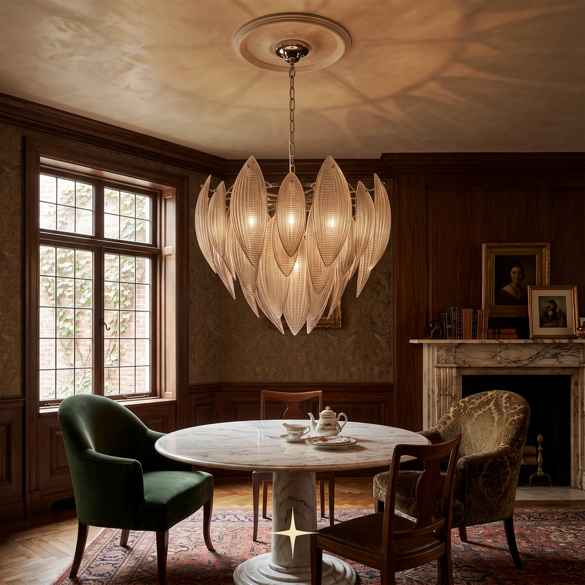 Elegant Lotus luxury circular chandelier featuring amber glass lotus leaves and gold structure chandelier with layered, petal-like glass shades hangs over a round dining table in a classic wood-paneled room with green and patterned armchairs.