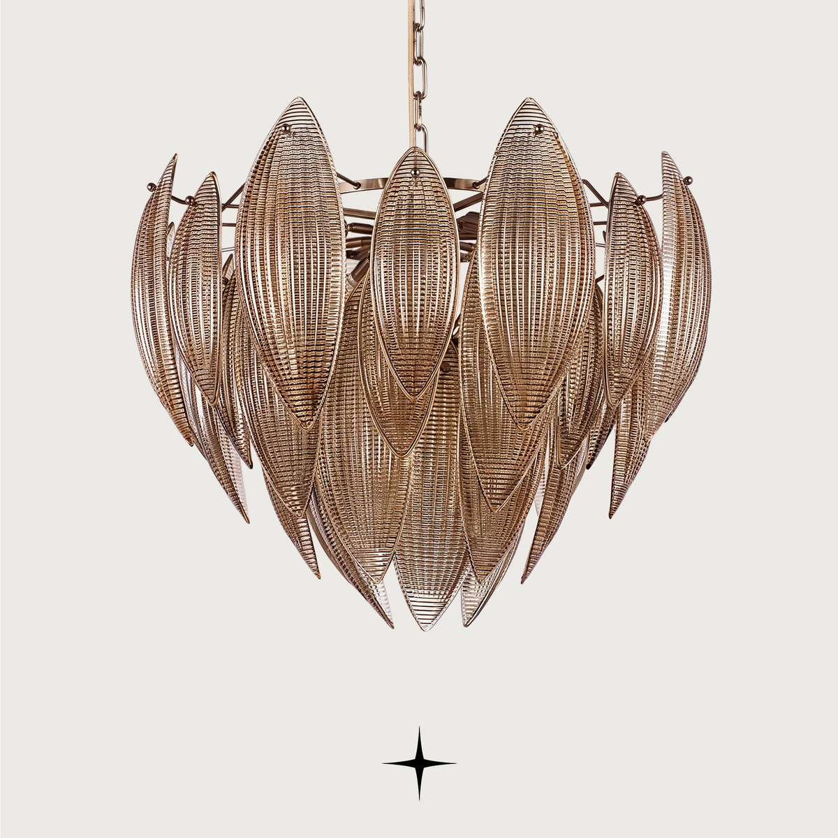 Elegant Lotus luxury circular chandelier featuring amber glass lotus leaves and gold structure