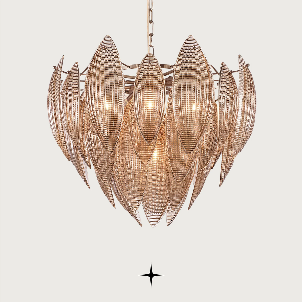 Elegant Lotus luxury circular chandelier featuring amber glass lotus leaves and gold structure