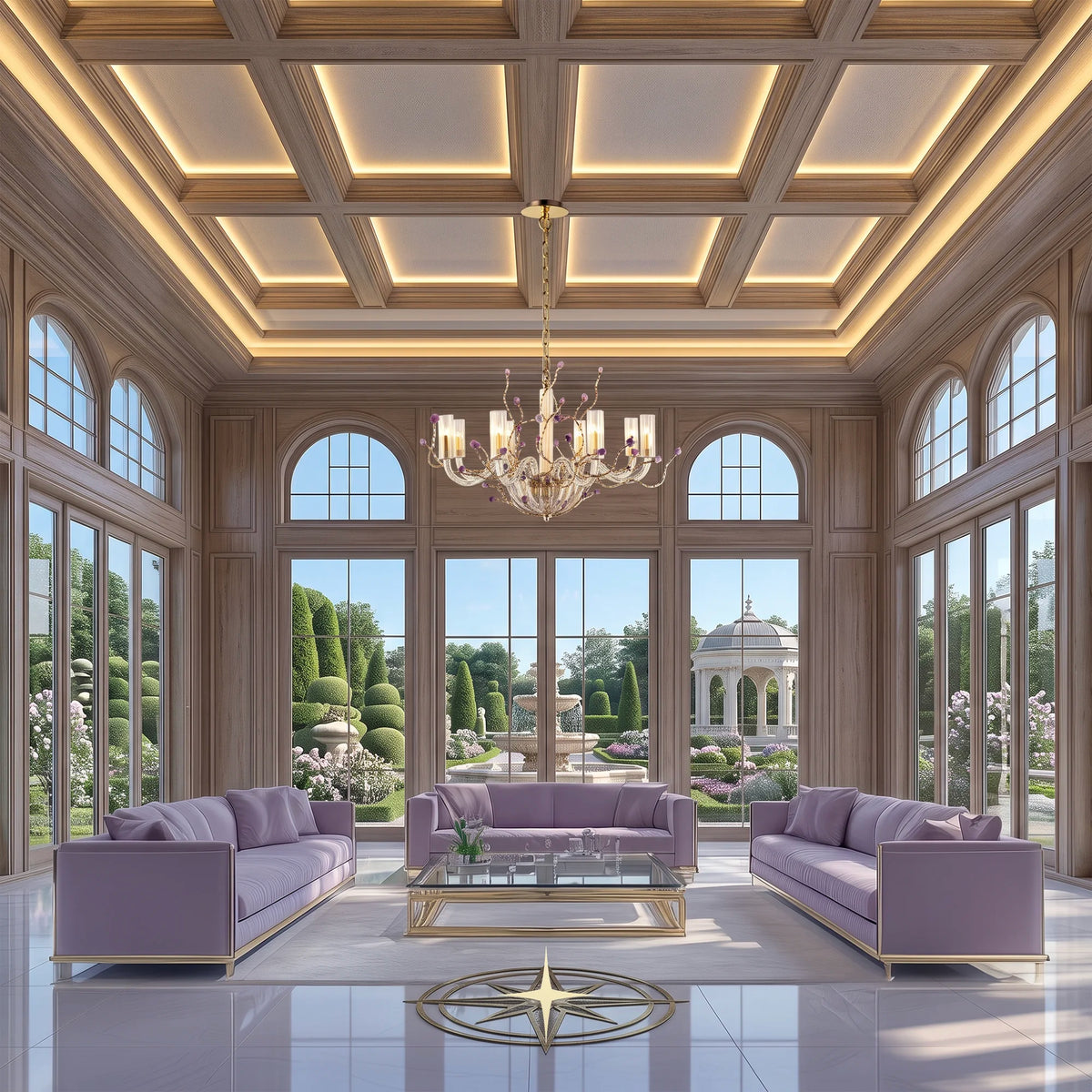 Elegant Madison glass chandelier suspended in a high-ceiling luxury living room with purple sofa accents