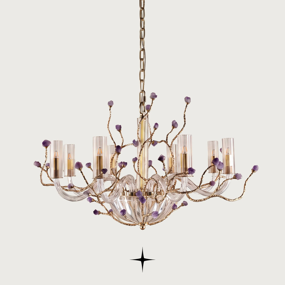 Elegant Madison Murano style glass chandelier with brass branches and natural purple rocks on a light grey background