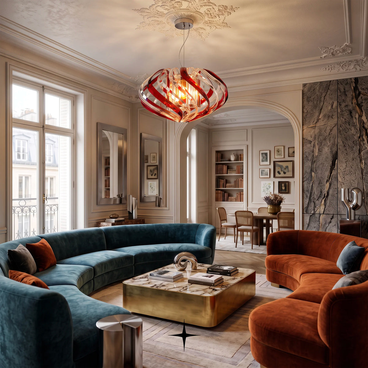 Elegant Mercury Chandelier featuring shimmering crystal accents and a refined round silhouette in a three-piece set