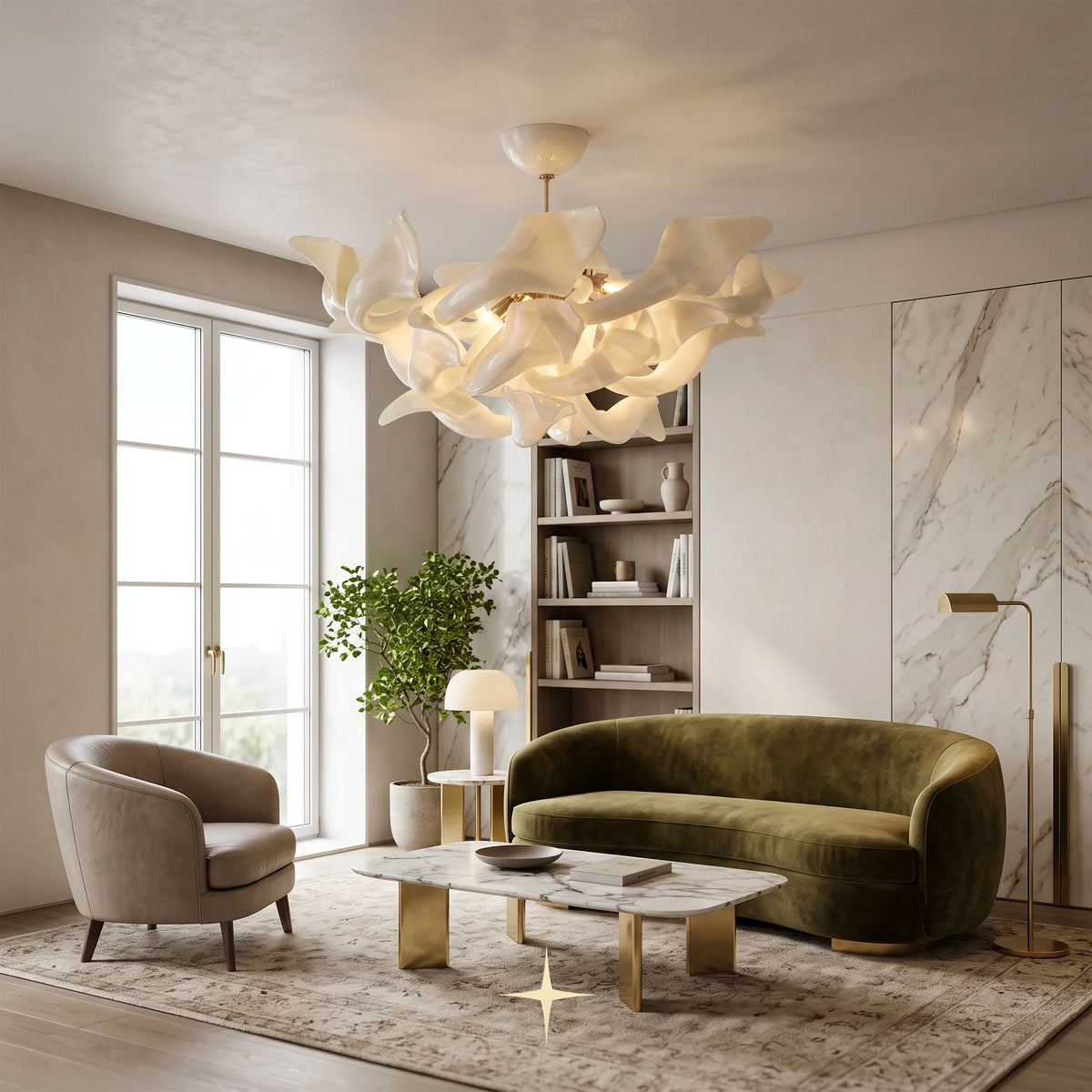 Elegant Naria Chandelier featuring chic elongated golden crystal arms in multi-tier configurations