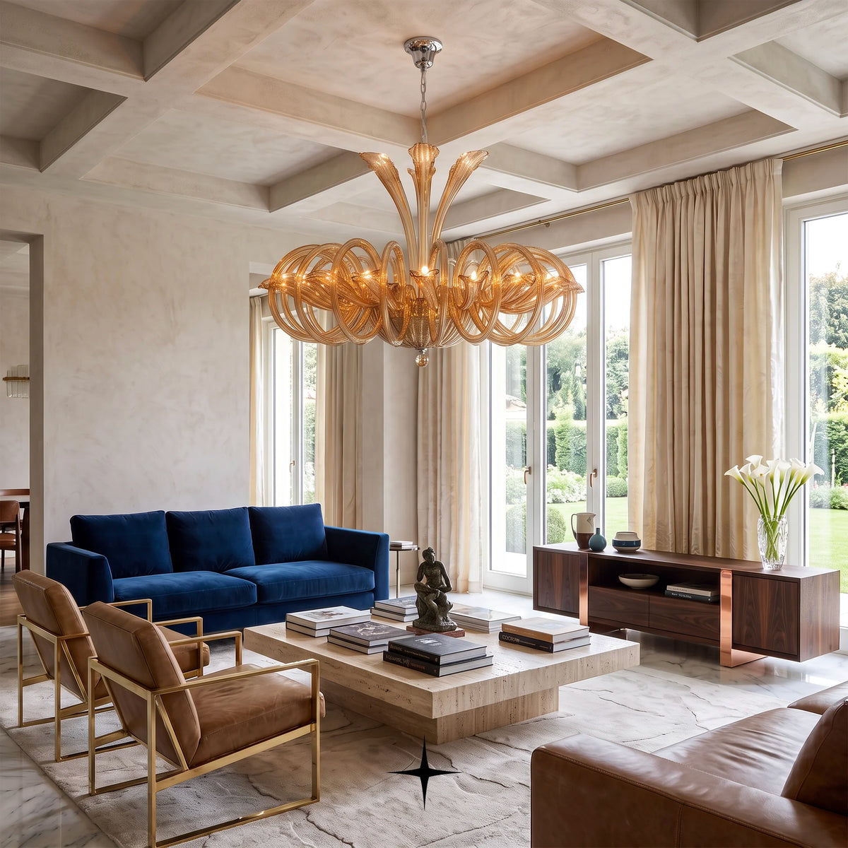 Elegant Opal Chandelier featuring circular amber crystal glass rings encircling golden curved arms