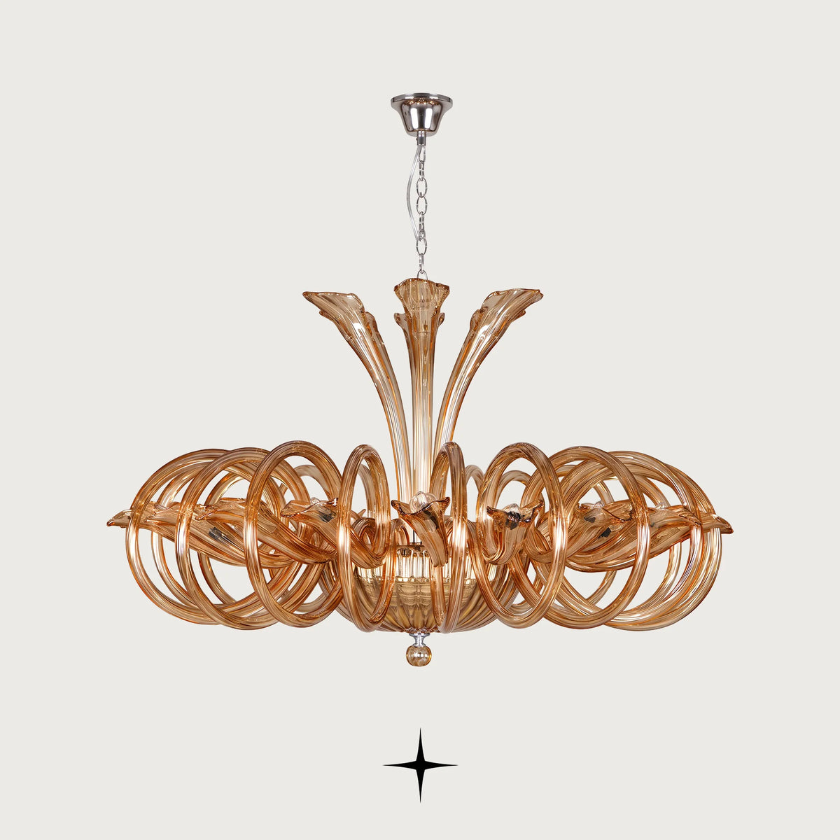 Elegant Opal Chandelier featuring circular amber crystal glass rings encircling golden curved arms