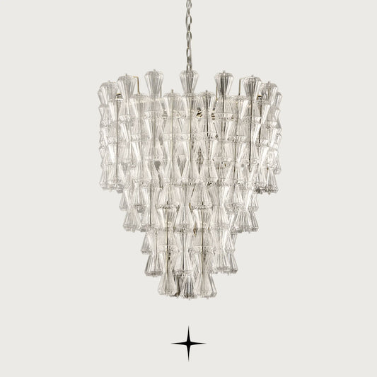 Front view of Elegant Seattle glass hourglass pendant lighting fixture on light grey backdrop