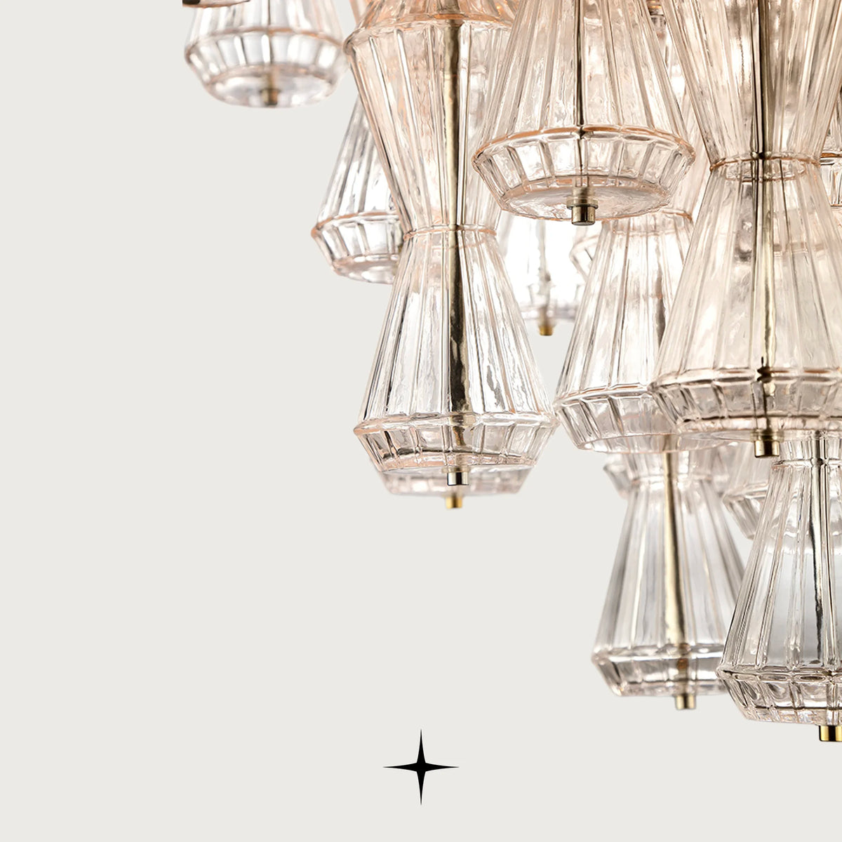Bottom-up angle view showing symmetrical hourglass glass array of Elegant Seattle chandelier