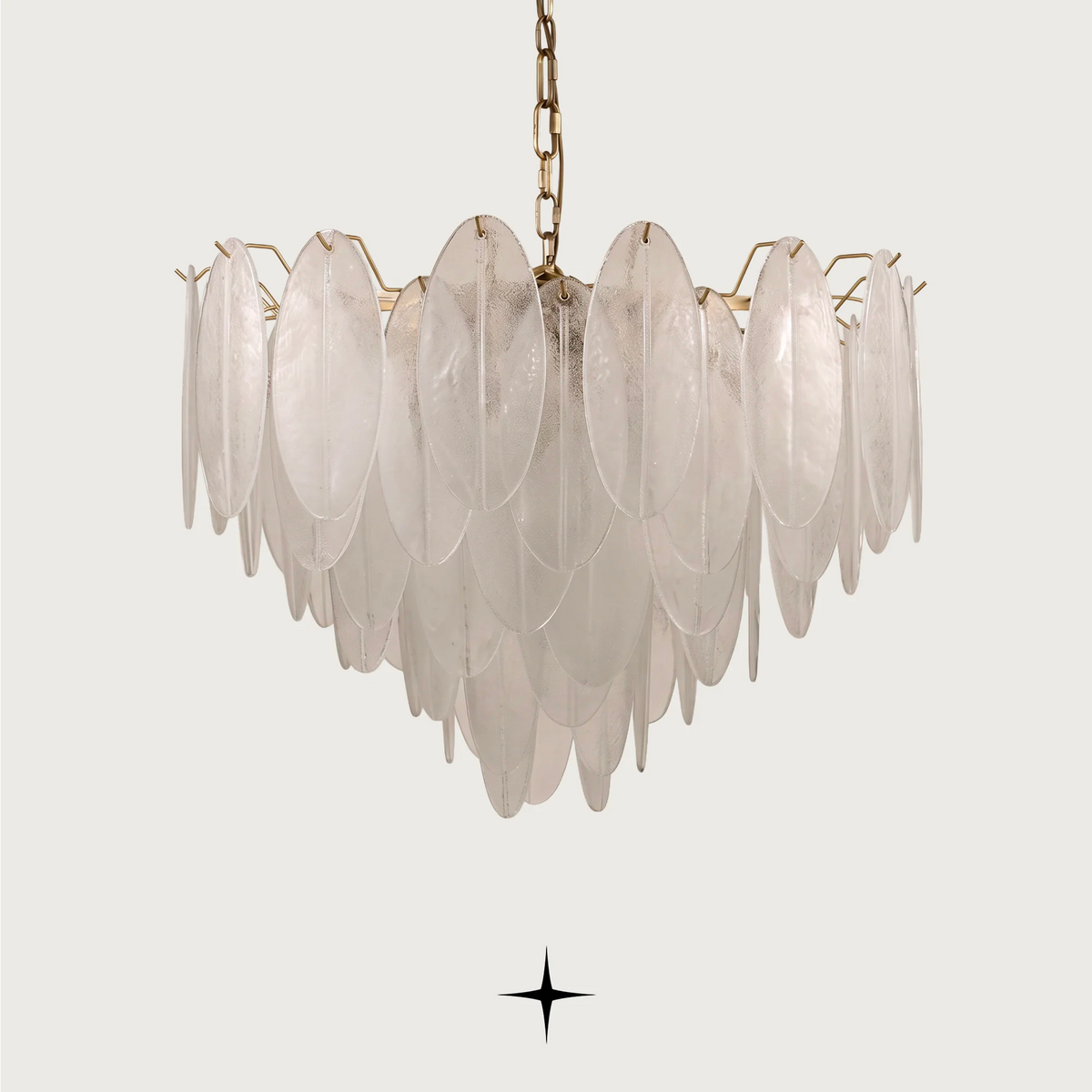 Elegant Serene luxury circular chandelier with frosted oval crystal petals and gold structure