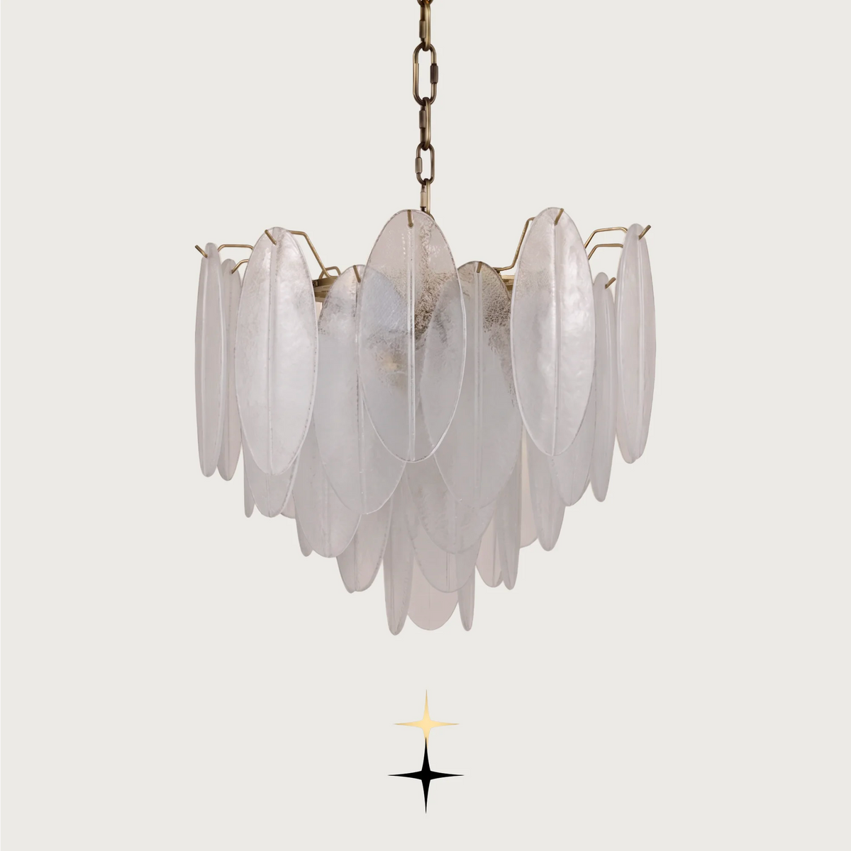 Serene luxury circular chandelier featuring frosted glass oval petals and gold chain canopy