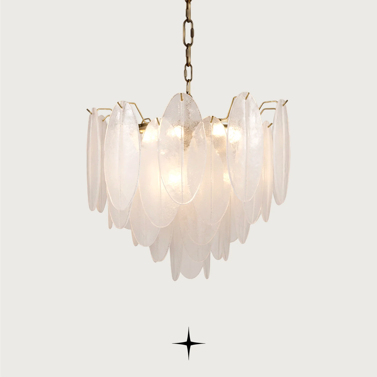 Serene luxury circular chandelier featuring frosted glass oval petals and gold chain canopy