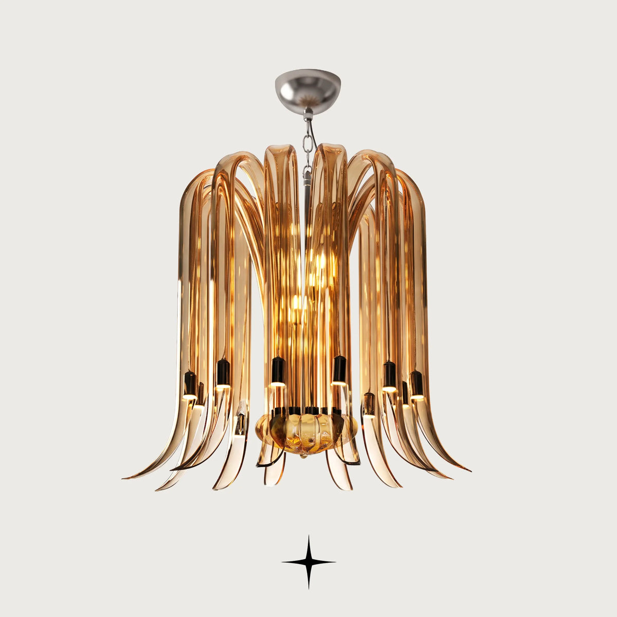 Elegant Shanon Chandelier featuring golden-amber handcrafted crystal glass wings cascading downwards
