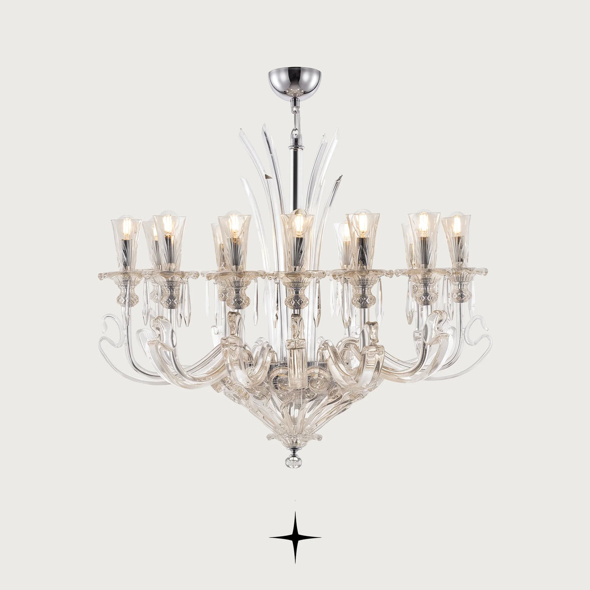 Elegant Twilight Chandelier featuring 12 candle-style lights set on clear Bohemian crystal arms