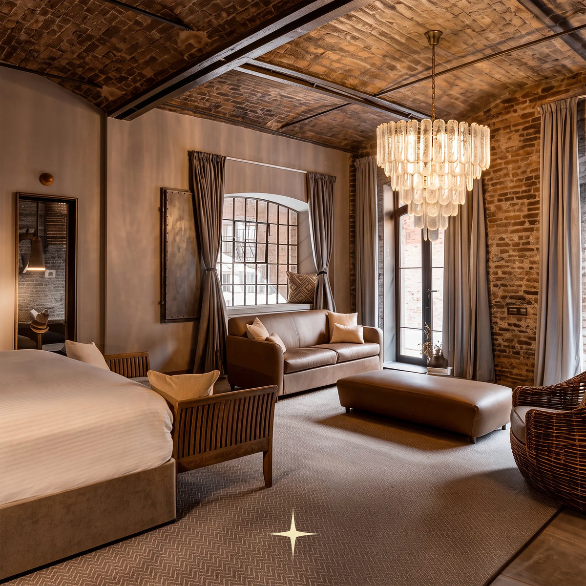 Elena glass block chandelier suspended in a modern luxury bedroom with brick accent wall