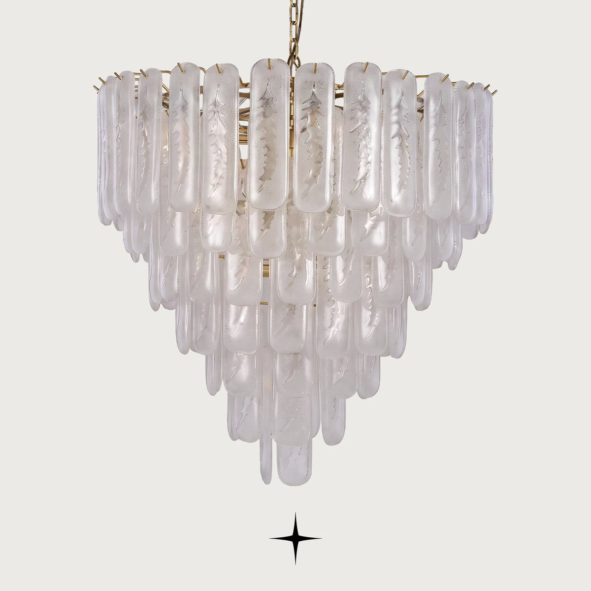 Elena multi-tiered Murano glass block chandelier illuminated on a light grey background