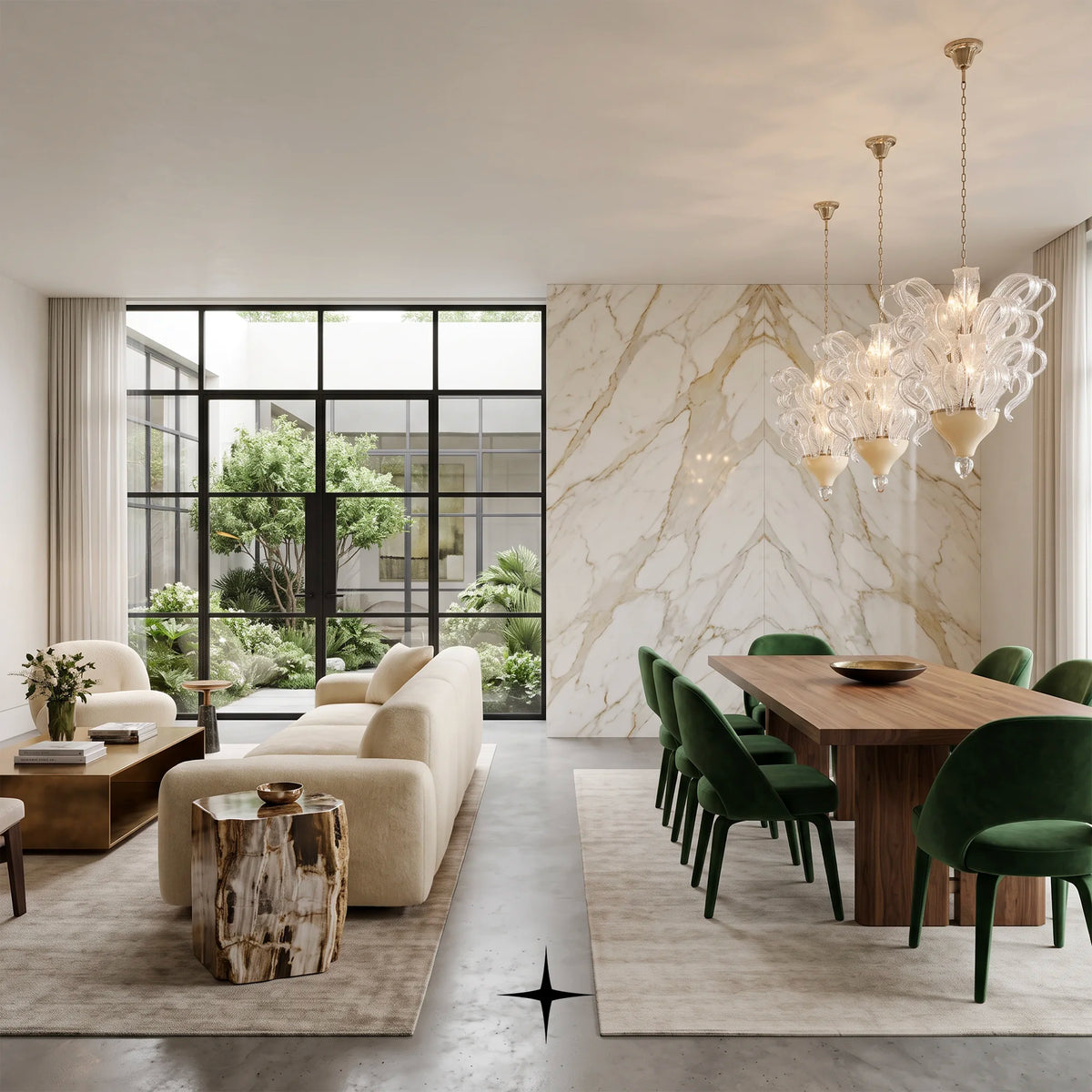 A luxury modern dining room and living room interior featuring a large white marble accent wall, a wooden dining table with dark green velvet chairs, a cream sofa, and a decorative glass chandelier.