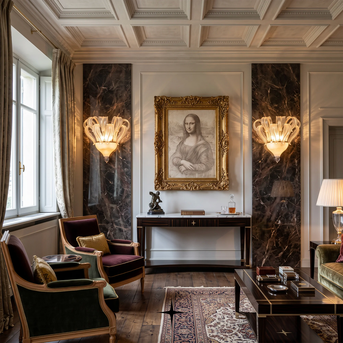 An ornate classical-style living room featuring a large framed Leonardo da Vinci-style portrait in a gold frame mounted on a white wall between dark marble panels. The room includes two upholstered armchairs, a console table, a patterned rug, and two decorative wall sconces.