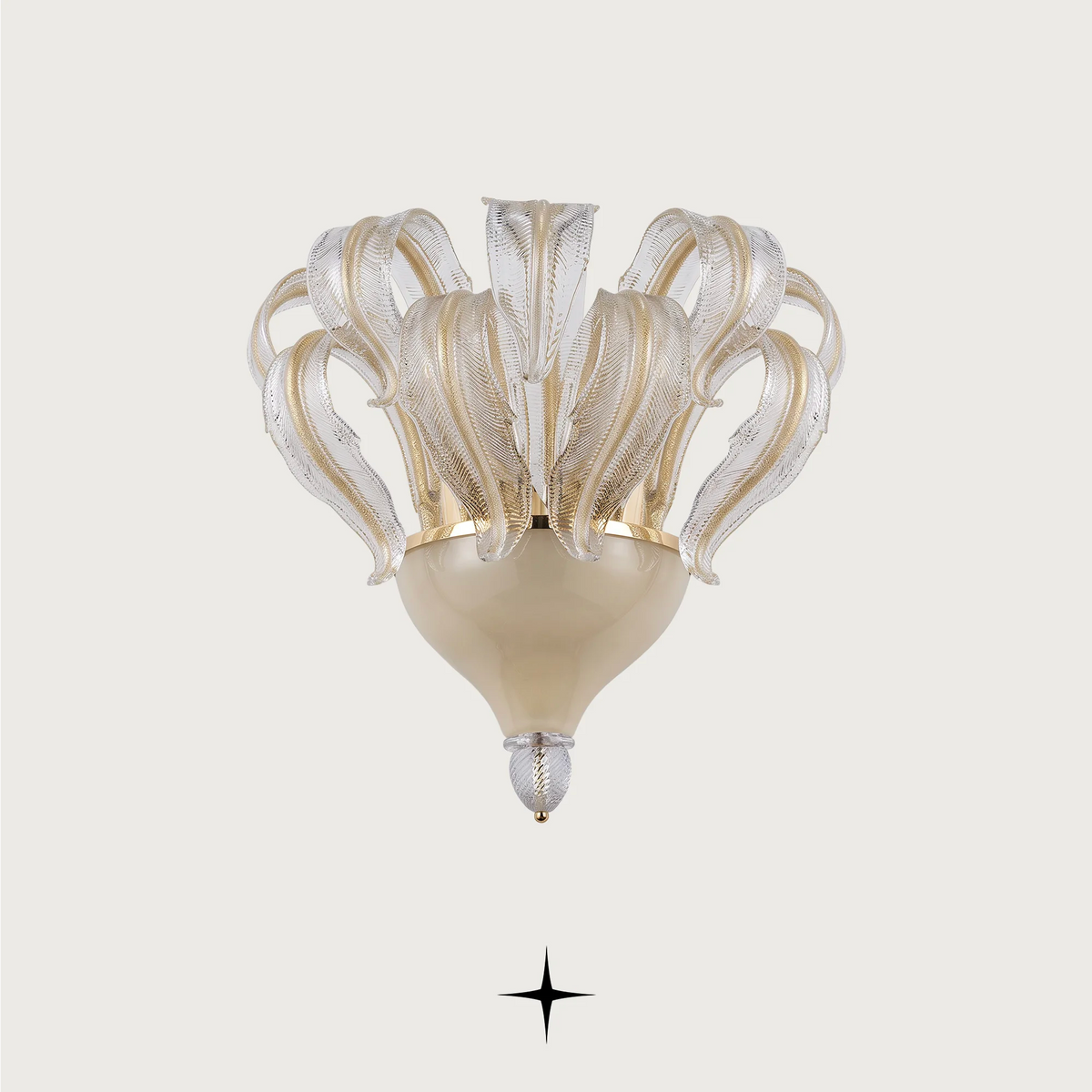 Evangeline luxury wall sconce with crystal glass feather elements and warm illuminated base
