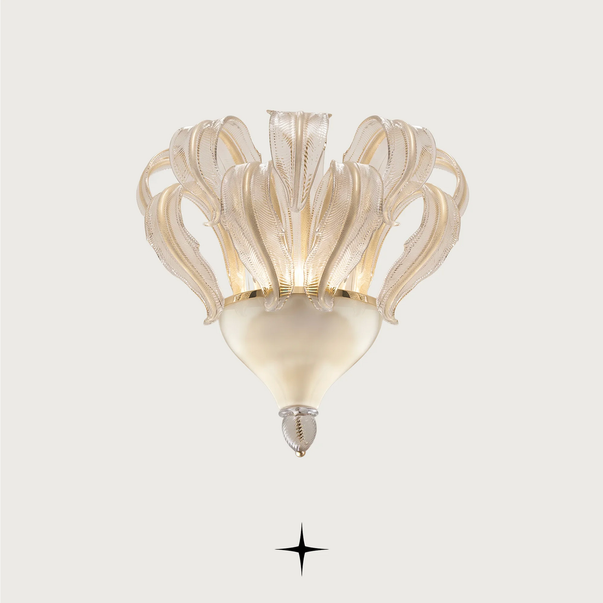 Evangeline luxury wall sconce with crystal glass feather elements and warm illuminated base