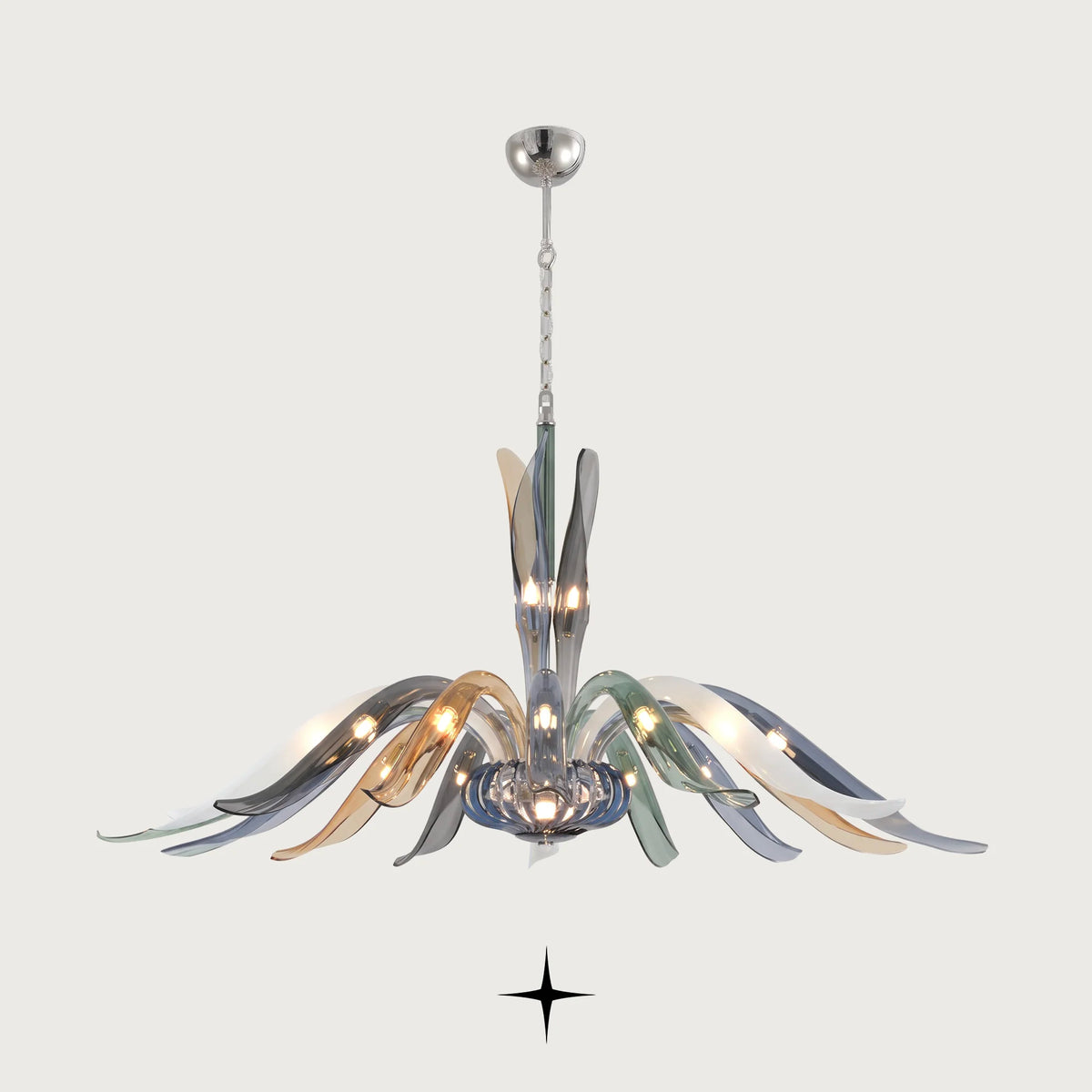 Fantasy Chandelier featuring organic sweeping glass arms in smoke green, blue, and amber hues