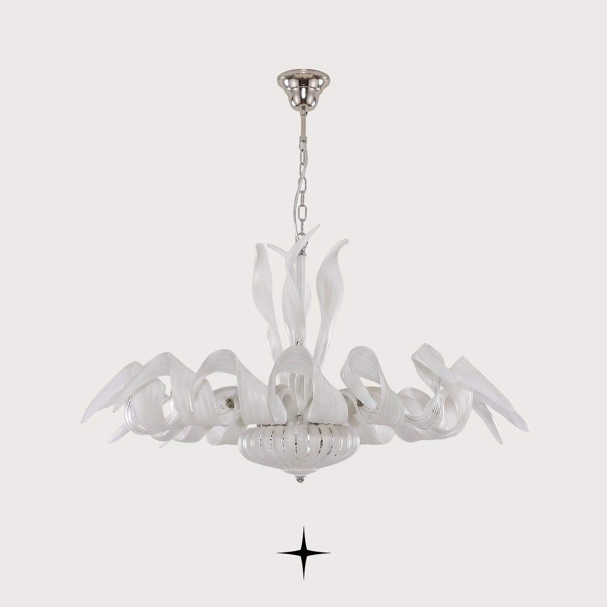 Farah Chandelier featuring sleek elongated white crystal arms in a modern luxury design