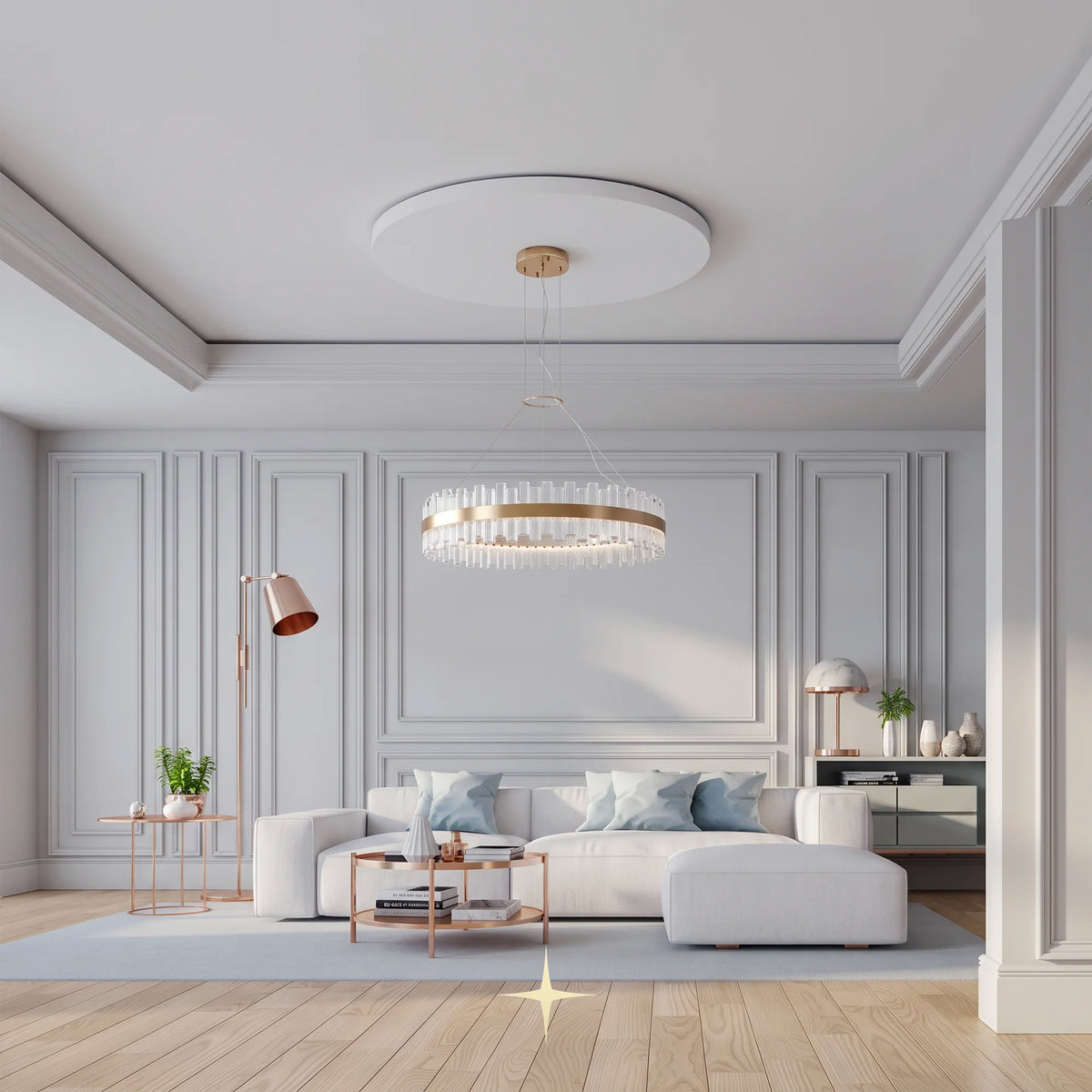 Fayola ring chandelier suspended in a modern light-toned luxury living space