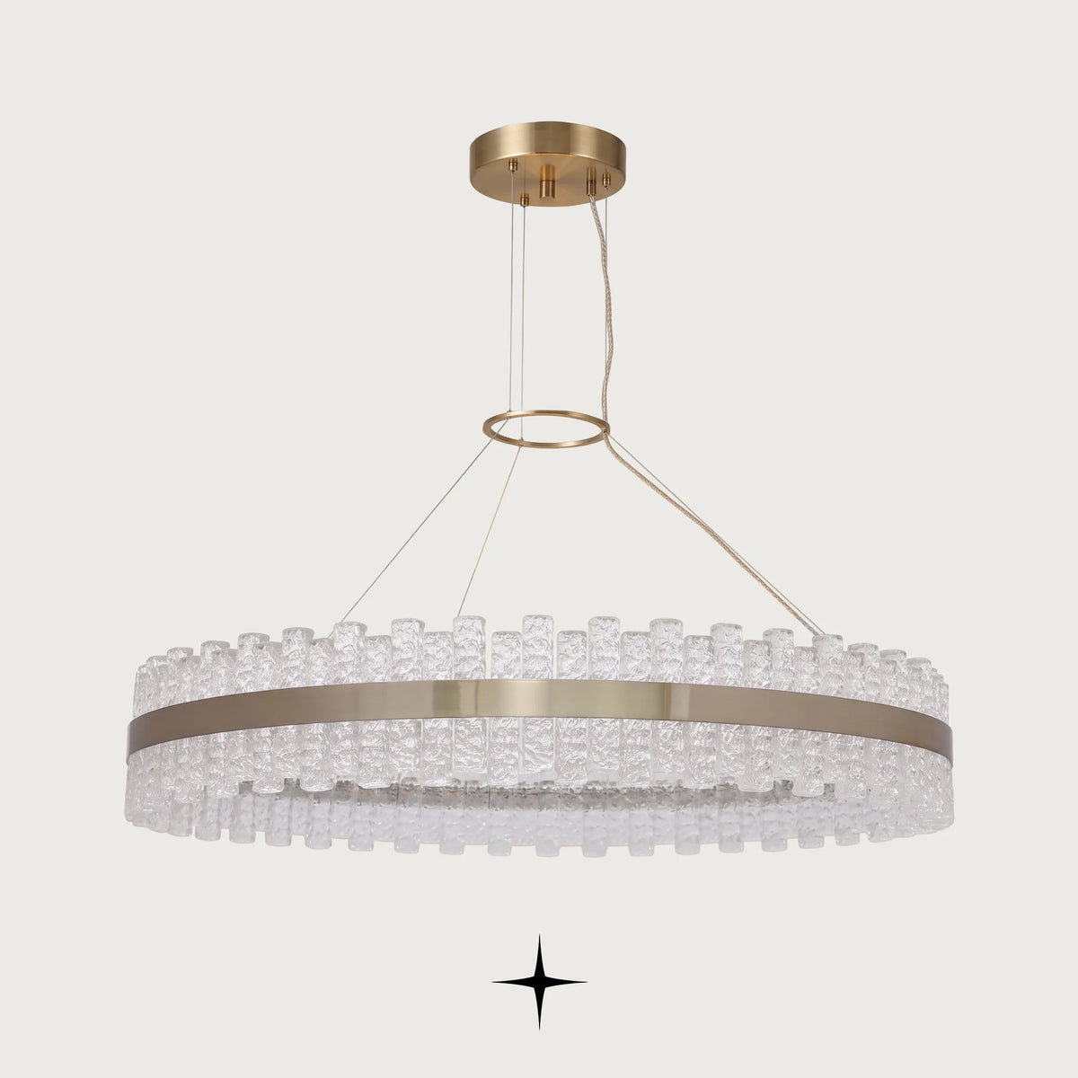 Fayola modern Murano glass block ring chandelier with golden nickel frame on a light grey background