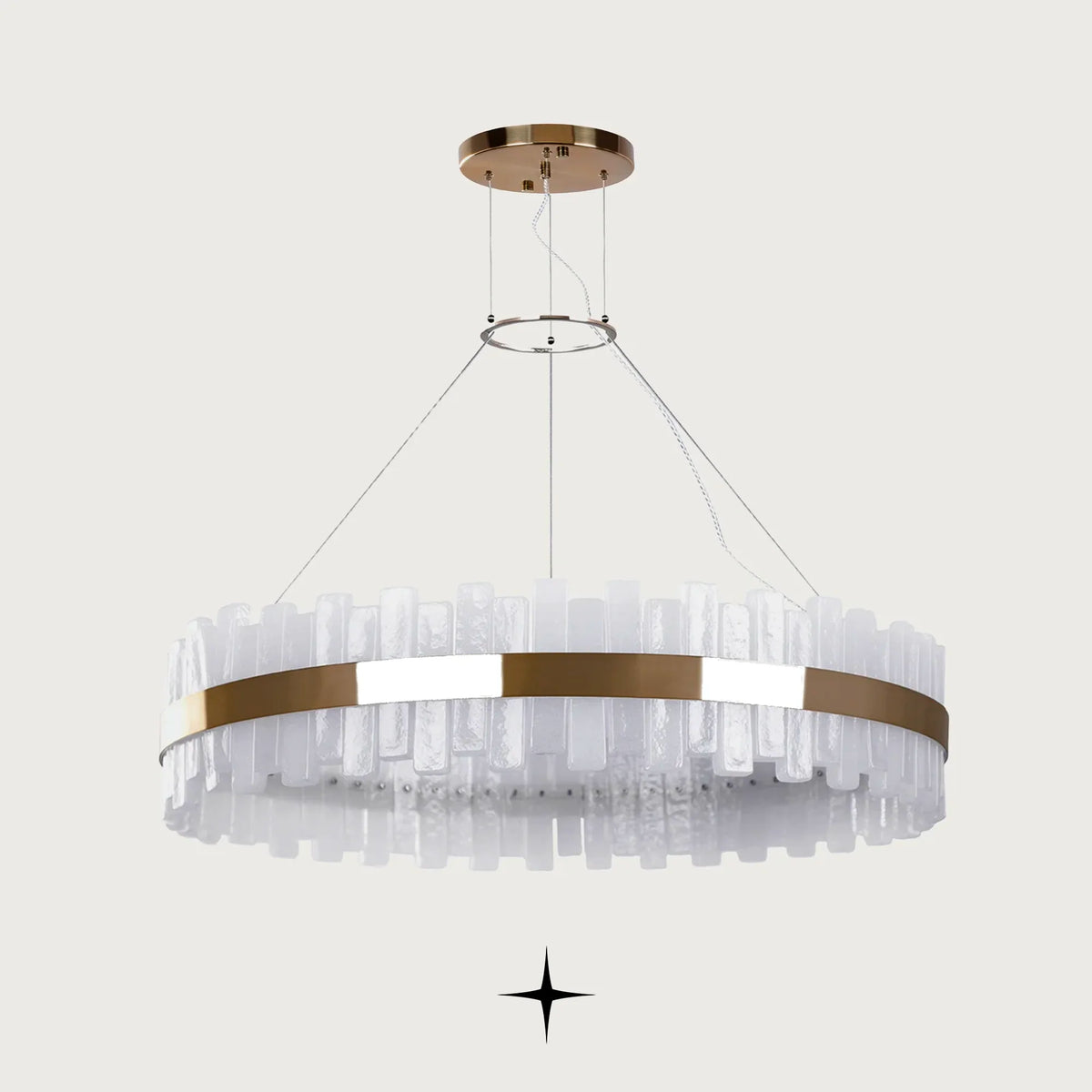 Fayola modern Murano glass block ring chandelier with golden nickel frame on a light grey background