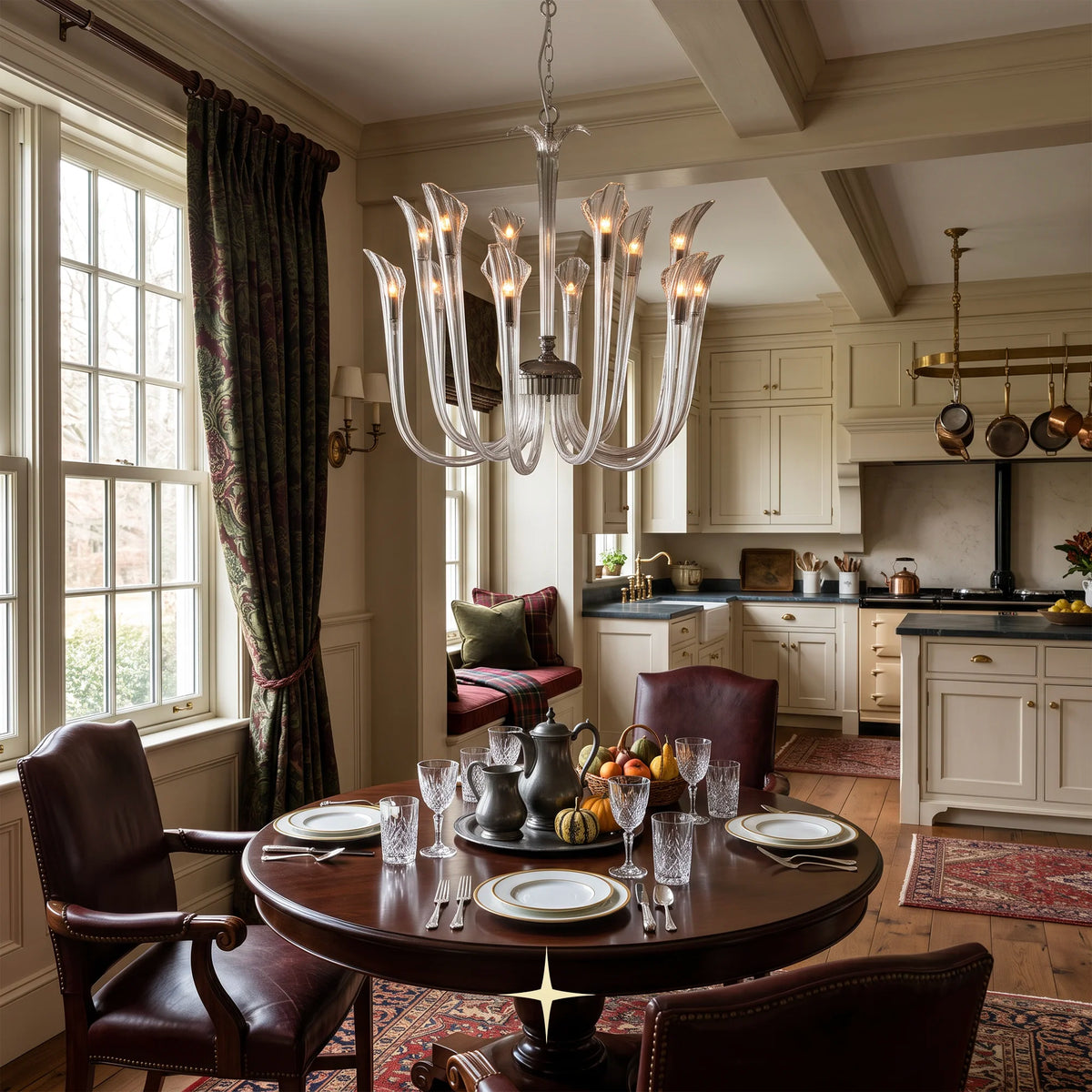 Flare Chandelier featuring sophisticated curves and upward-reaching crystal arms