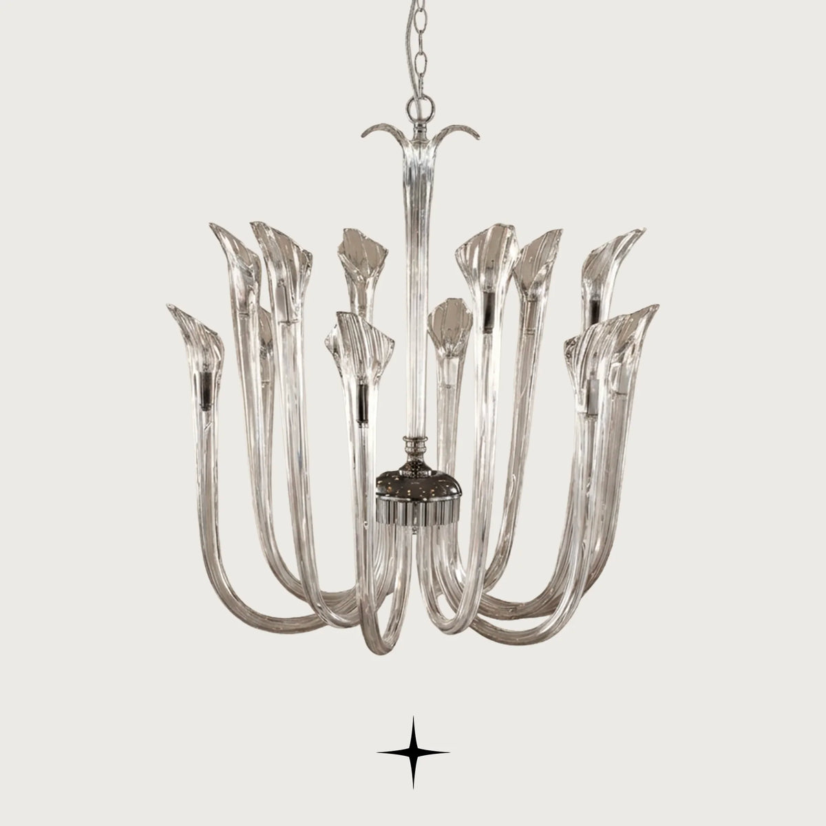 Flare Chandelier featuring sophisticated curves and upward-reaching crystal arms