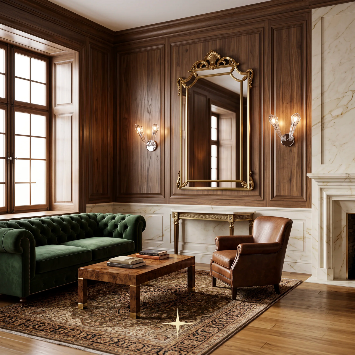 Flare wall light fixture featuring sophisticated curves and enchanting crystal illumination elements.
A styled living room interior with dark wood paneled walls, a large ornate gold-framed mirror, a green tufted sofa, a brown leather armchair, a wooden coffee table, and a patterned rug.