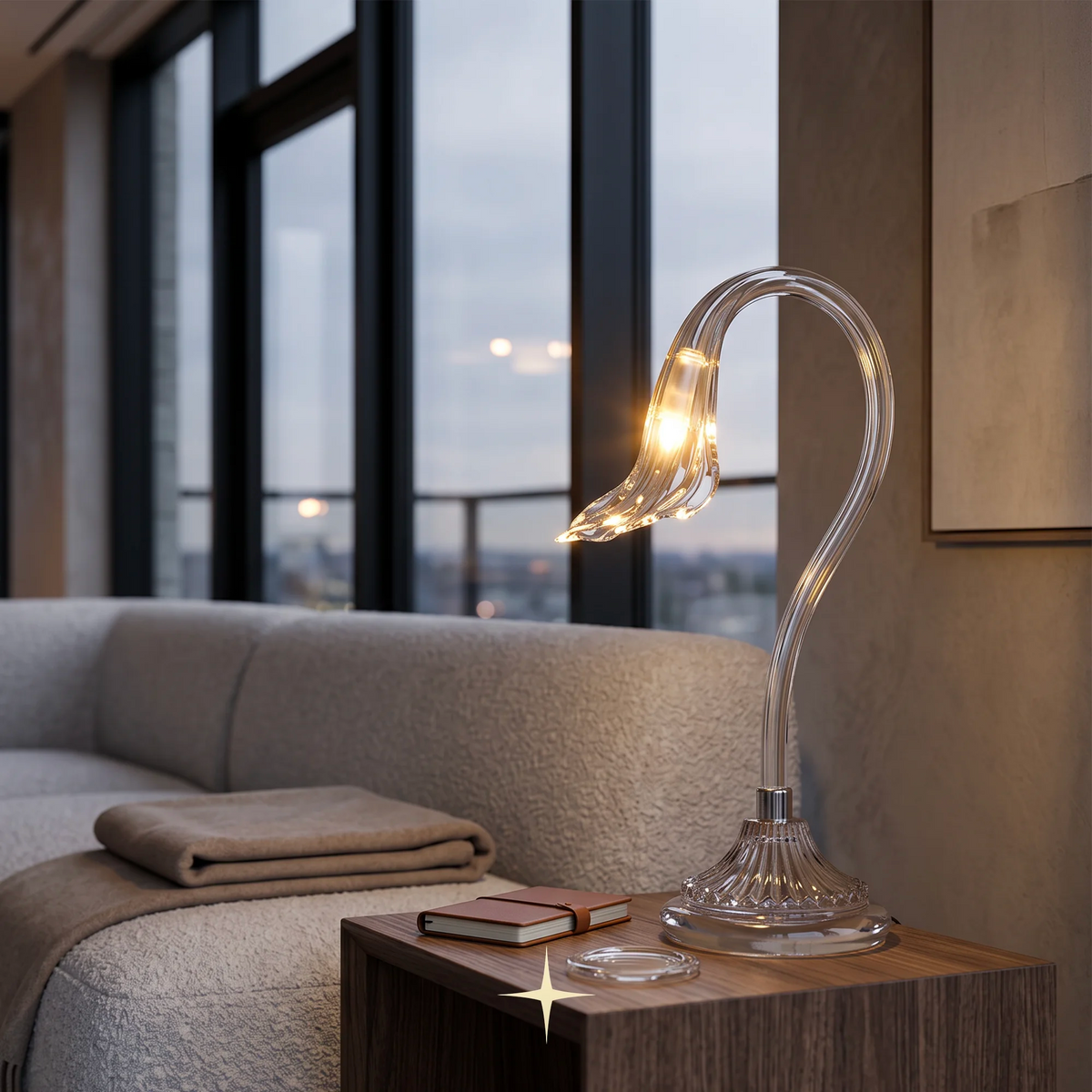 Flare modern luxury table light with sleek silver silhouett table lamp with a curved, flower-like shade and a clear ribbed glass base, glowing with warm light on a dark wood side table in a contemporary living room setting