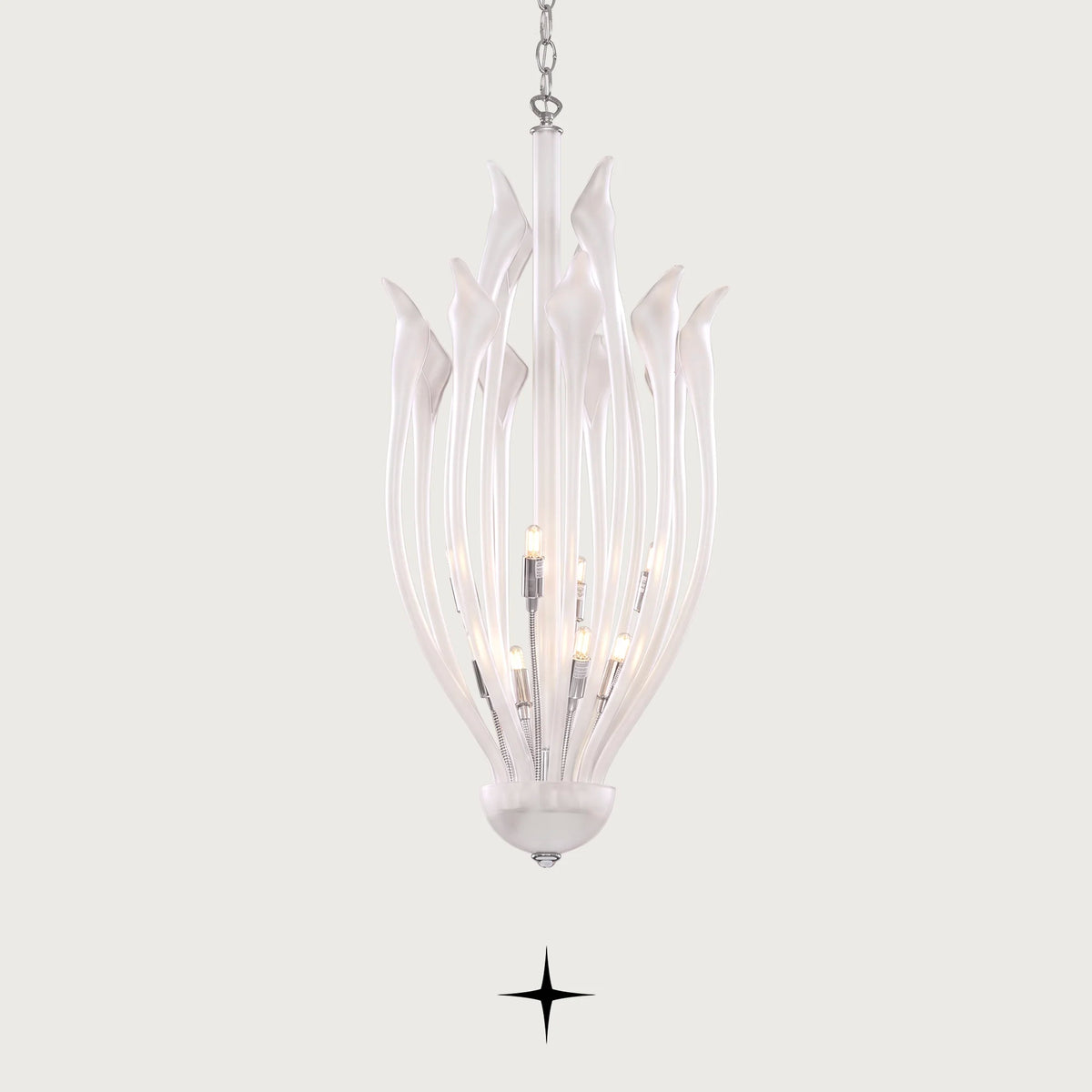Flora Chandelier featuring flower-inspired white crystals with 10+4 arms and 8 G9 LEDs