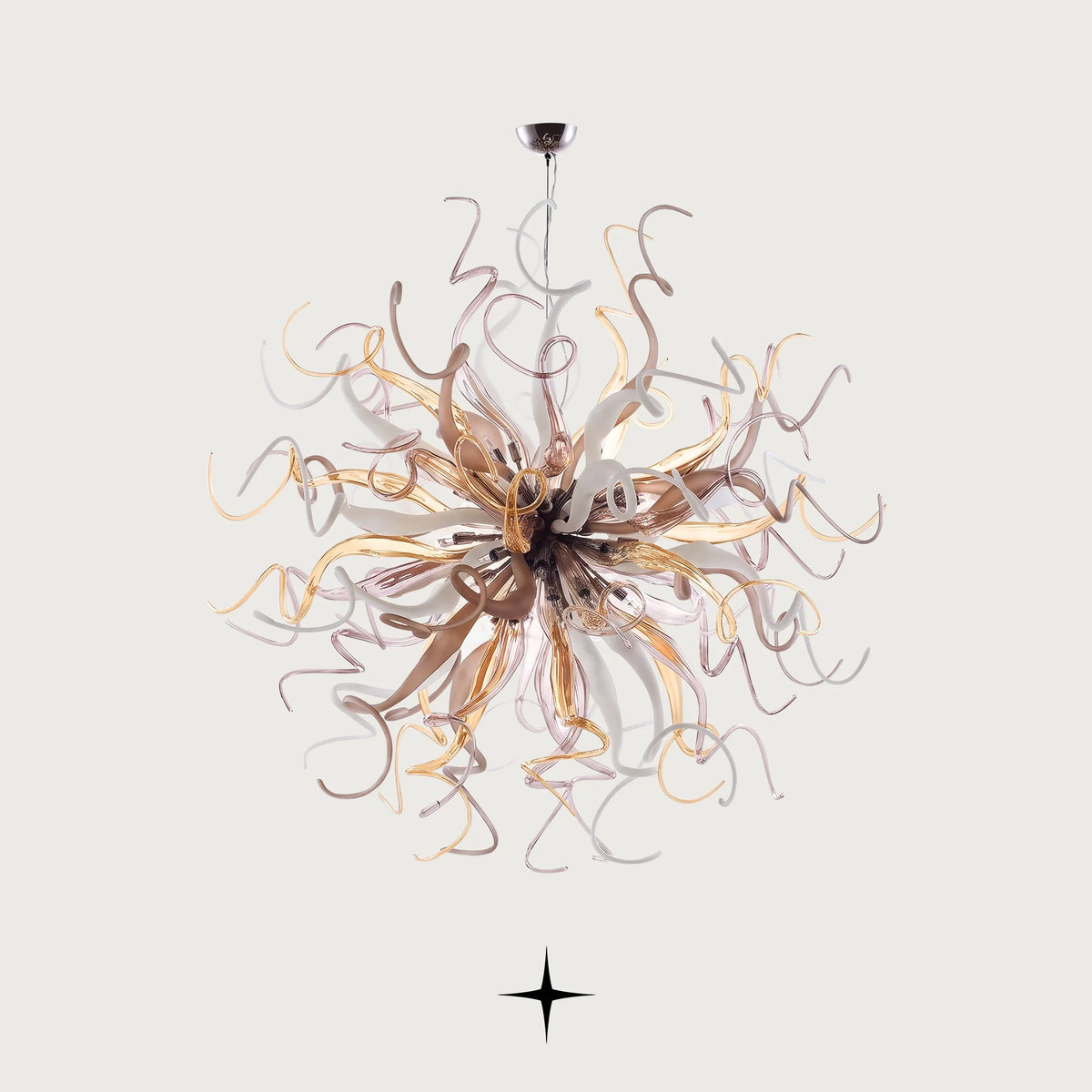 Freesia Chandelier featuring vibrant curved crystal glass tendrils forming a spherical burst with 44 G9 lights