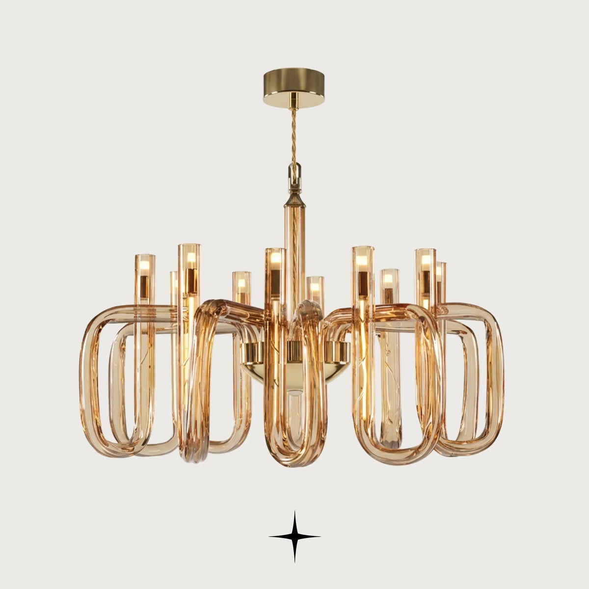 Fusion Chandelier featuring post-modern linear design with rich colors and timeless materials