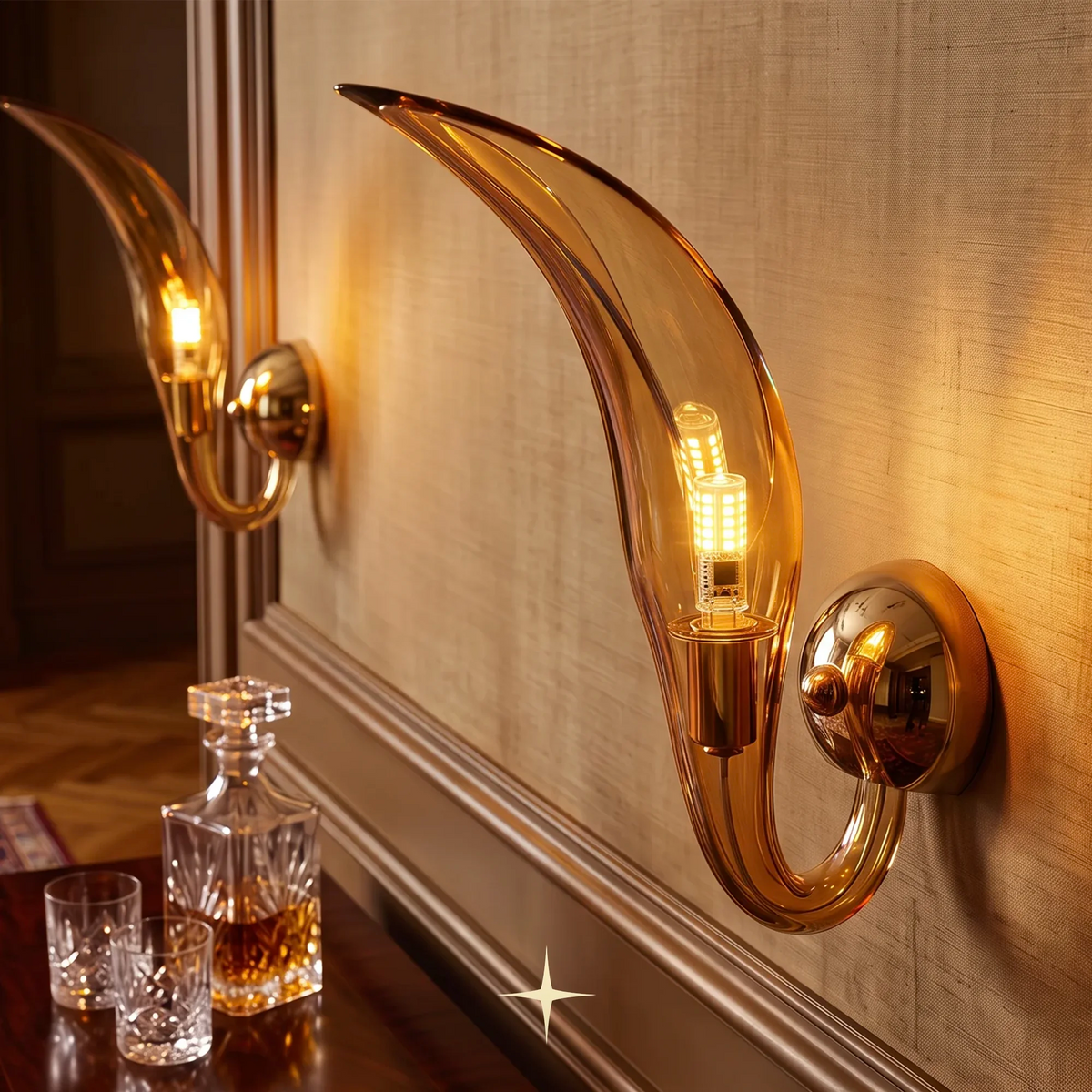 Glorious wall light fixture crafted from amber Bohemian crystal with elegant flame-shaped arms.